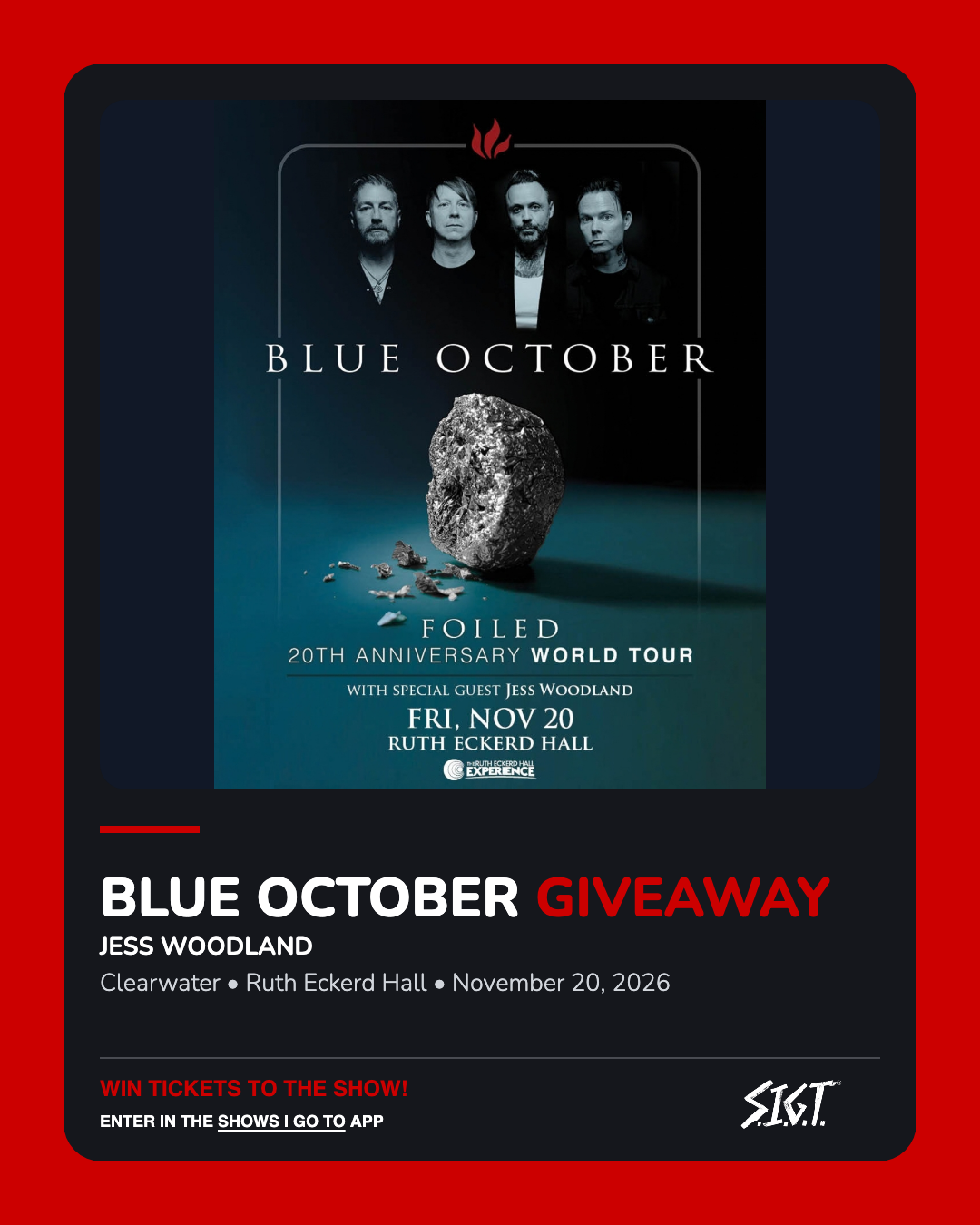 Blue October ticket giveaway in Clearwater, November 20, 2026