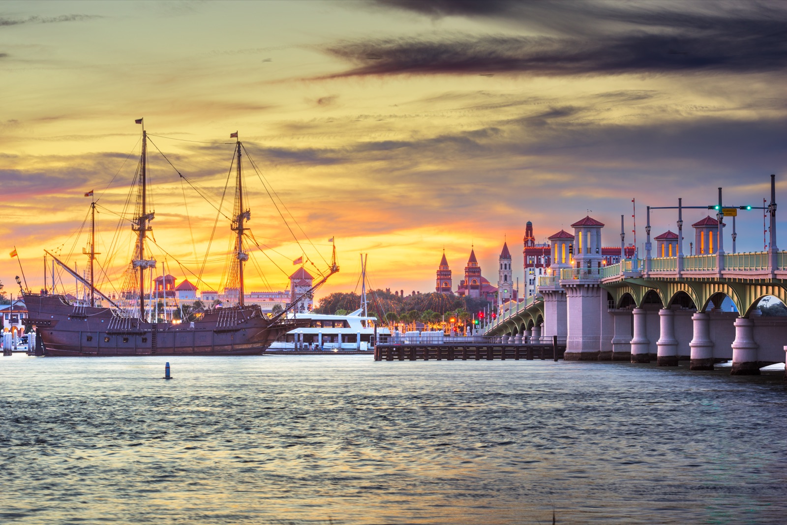 Bridge of Lions and historic St. Augustine waterfront at sunset