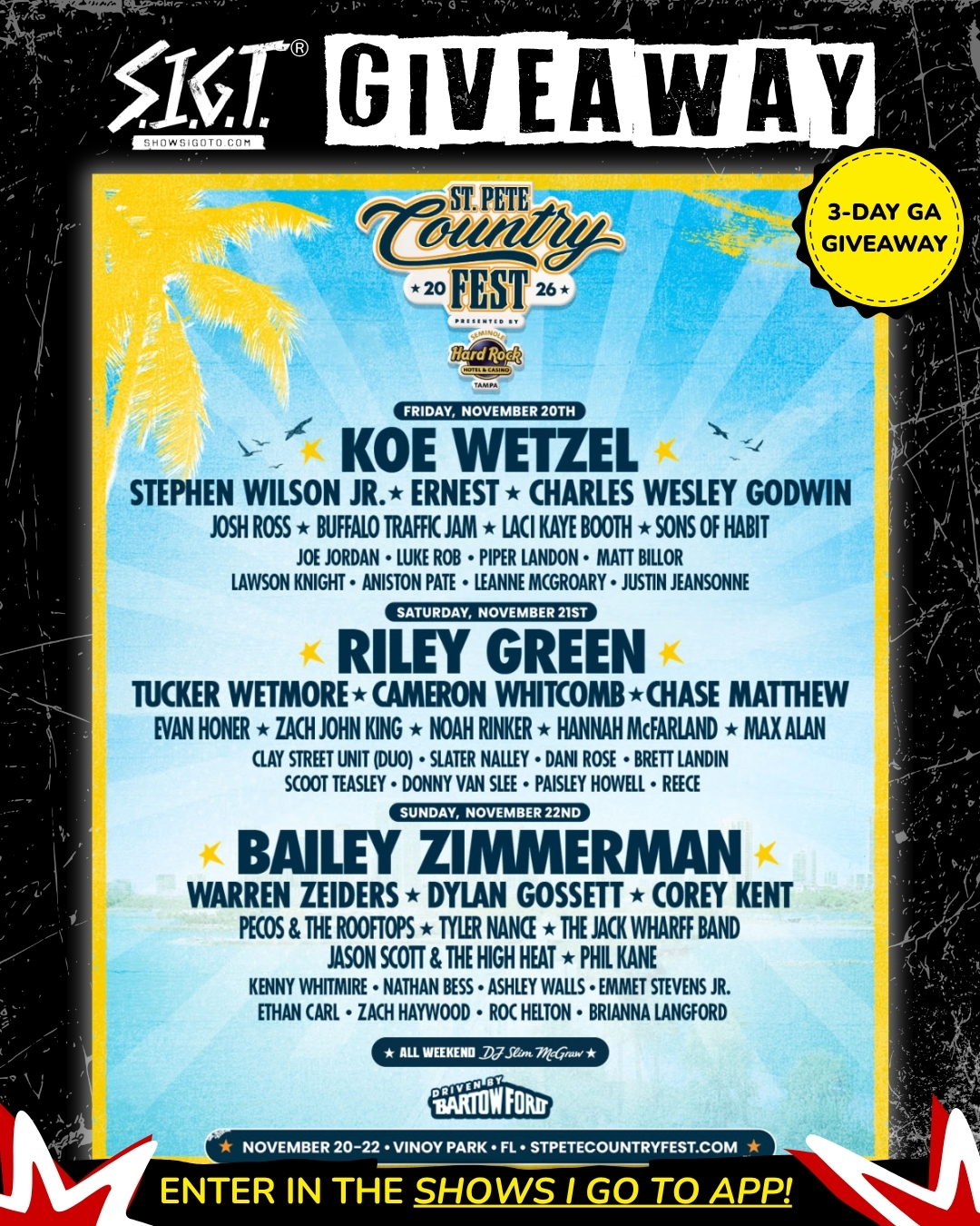 St. Pete Country Fest 2026 three-day GA ticket giveaway flyer