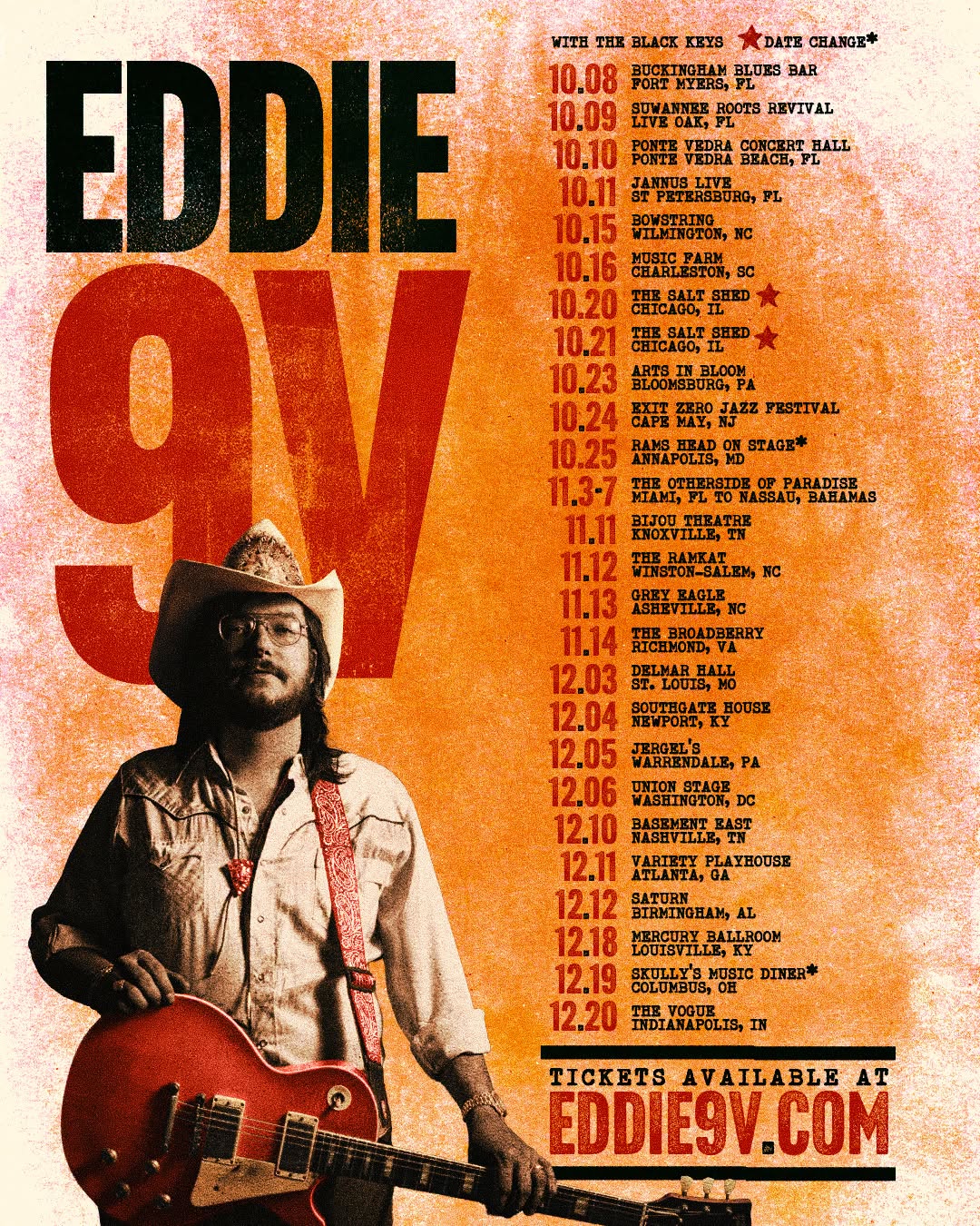 Eddie 9V 2026 tour dates including Ponte Vedra Concert Hall and Jannus Live