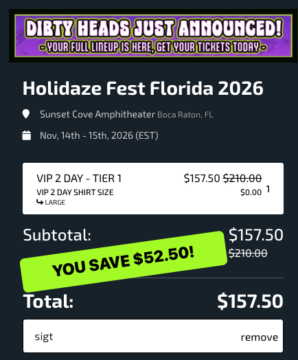 After applying SIGT: VIP 2 Day Tier 1 ticket totals $157.50, saving $52.50