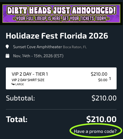 Before applying SIGT: VIP 2 Day Tier 1 ticket totals $210, with Have a promo code circled