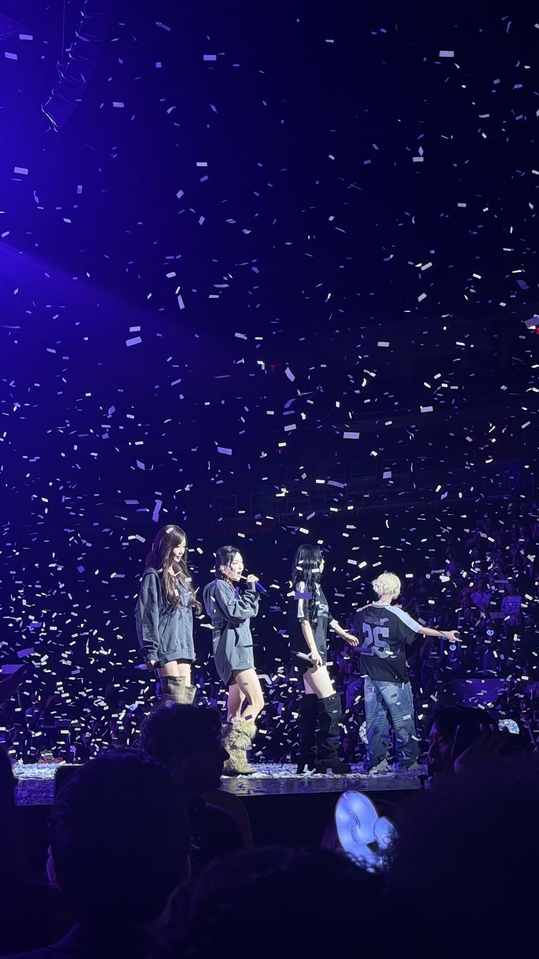 aespa onstage beneath falling confetti at Kaseya Center