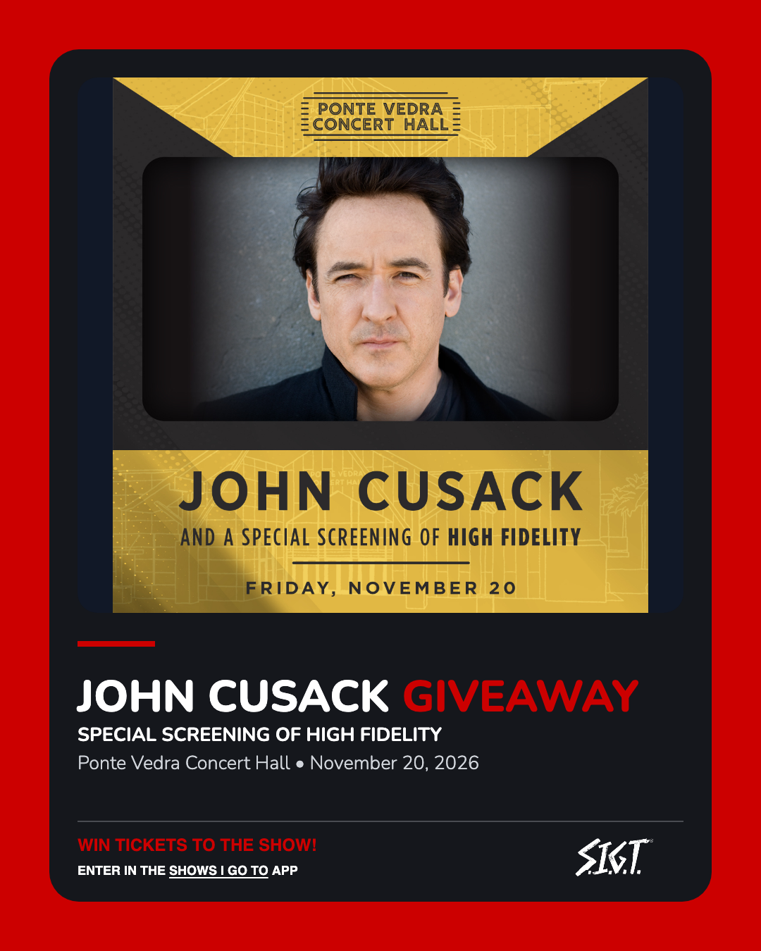 John Cusack ticket giveaway in Ponte Vedra Beach, November 20, 2026